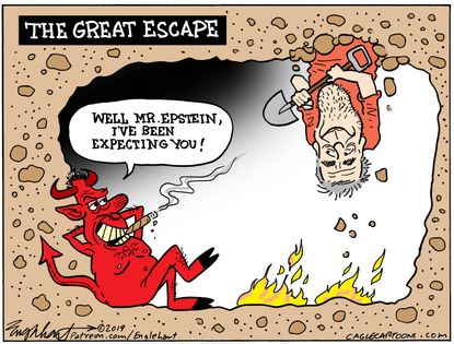 Political Cartoon The Great Escape Jeffrey Epstein Expected Hell