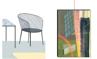 LEFT: Digital art with a grey garden chair on blue tiled flooring against white background. RIGHT: Abstract wall art