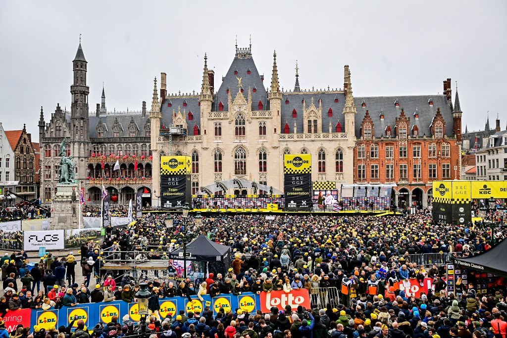 Cycling fans pictured at the start of the men&amp;amp;apos;s race of the &amp;amp;apos;Ronde van Vlaanderen/ Tour des Flandres/ Tour of Flanders&amp;amp;apos; one day cycling event, 273,4km from Brugge to Oudenaarde, Sunday 02 April 2023. BELGA PHOTO DIRK WAEM (Photo by DIRK WAEM / BELGA MAG / Belga via AFP) (Photo by DIRK WAEM/BELGA MAG/AFP via Getty Images)