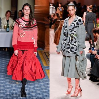 Grandmillennial style, From left to right: A model walks the runway at the Molly Goddard AW21 show, A model walks the runway at the Fendi RTW AW21 show wearing paisley