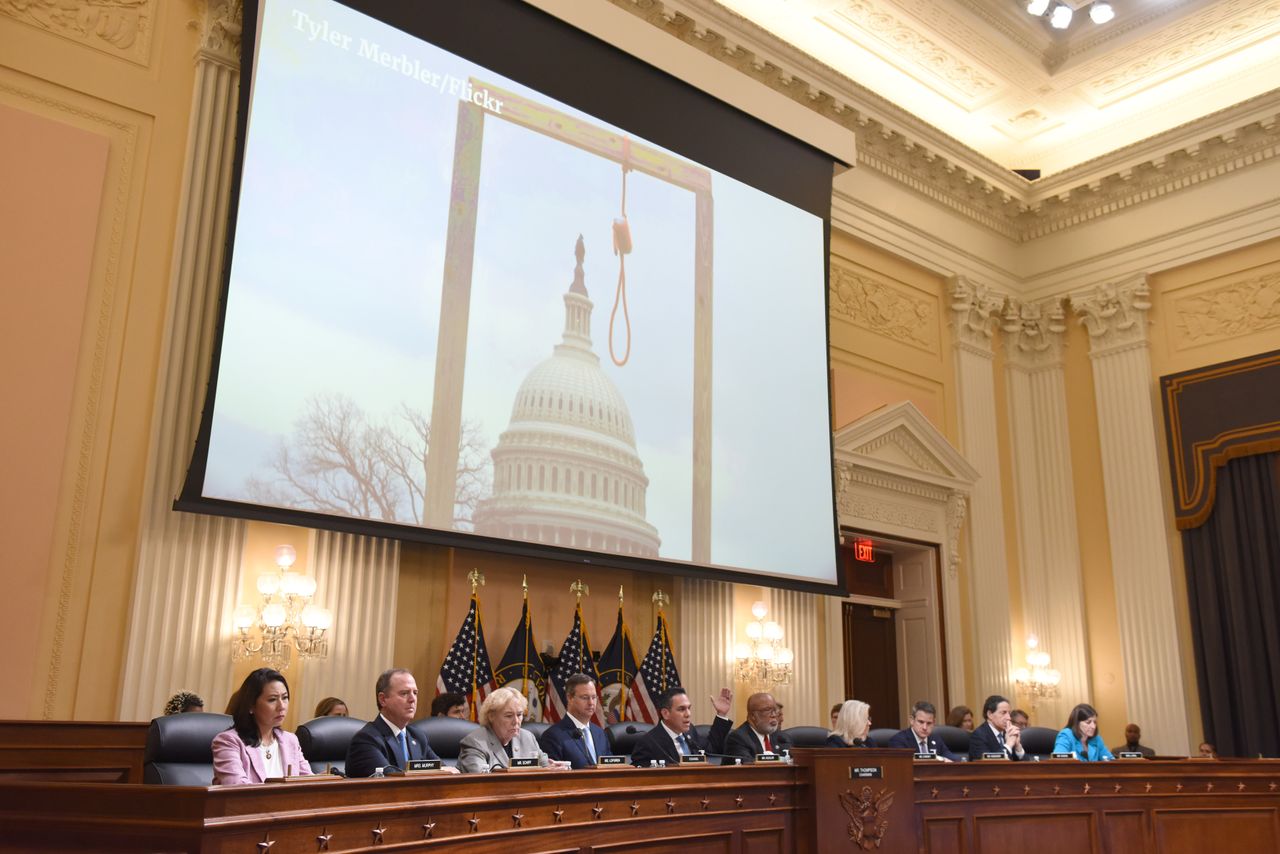 A video plays during the Jan. 6 hearing