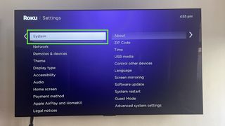 The Roku Settings screen with the System option selected (and highlighted in a green box) on the left side of the screen, the second step for Roku screen mirroring.