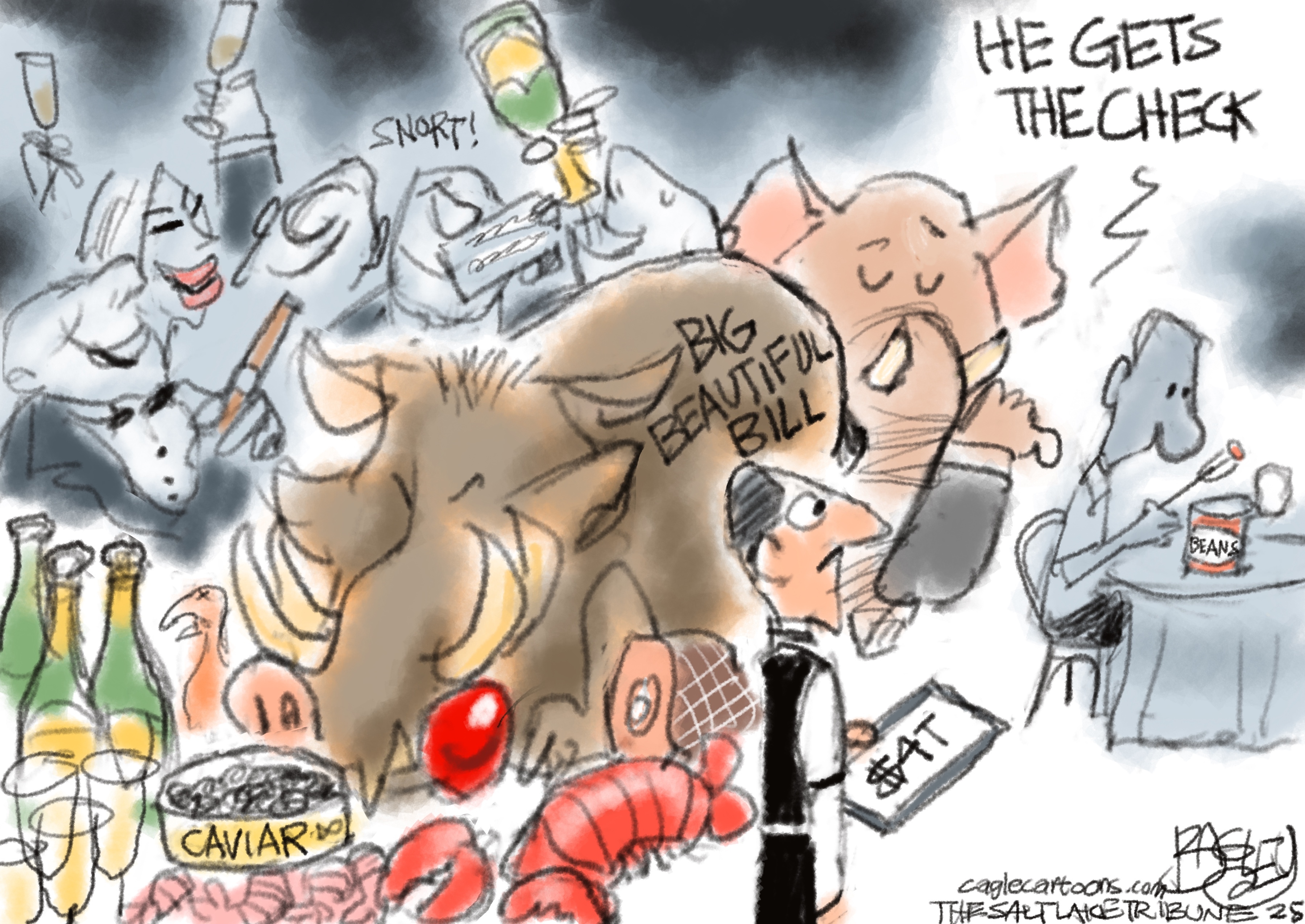 A political cartoon depicts a lavish feast with several pig-like figures, some resembling elephant political mascots, indulging in caviar, lobster, and champagne, under a banner that says "BIG BEAUTIFUL BILL". A waiter holds a check for a large amount, looking towards a lone, forlorn man in the background. This man, who is thin and sad, is seated at a small table eating a can of beans, while an elephant next to him states, "HE GETS THE CHECK".
