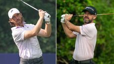 Tommy Fleetwood and Brian Harman hold their finishes on golf shots at the DP World India Championship