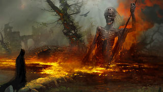 A fiery undead rises out of a dark landscape in Diablo 4.