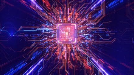 CPU processing data with futuristic electronic circuit and glowing lines, representing artificial intelligence, big data, machine learning, and high-speed connection.