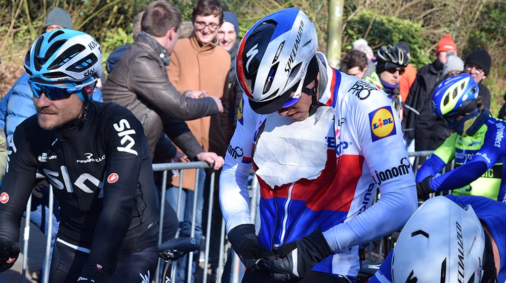 Zdenek Stybar used the old school technique of some old paper under his jacket to add further insulation to his chest