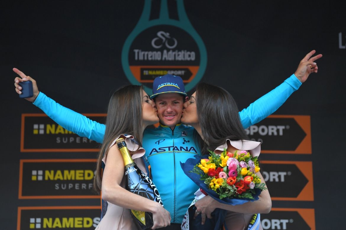 Jakob Fuglsang celebrates his win on the podium