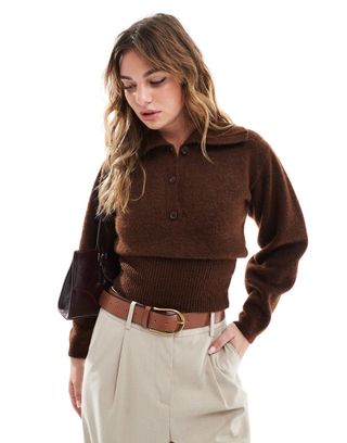 Asos Design Knitted Collared Jumper in Chocolate Brown