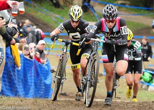 Julie Krasniak (Rapha Focus) racing Andrea Smith up the stairs