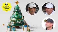Main image of a Christmas tree with inset headshots of Tiger Woods (upper middle), Rory McIlroy (top right) and Scott O'Neil (bottom right)