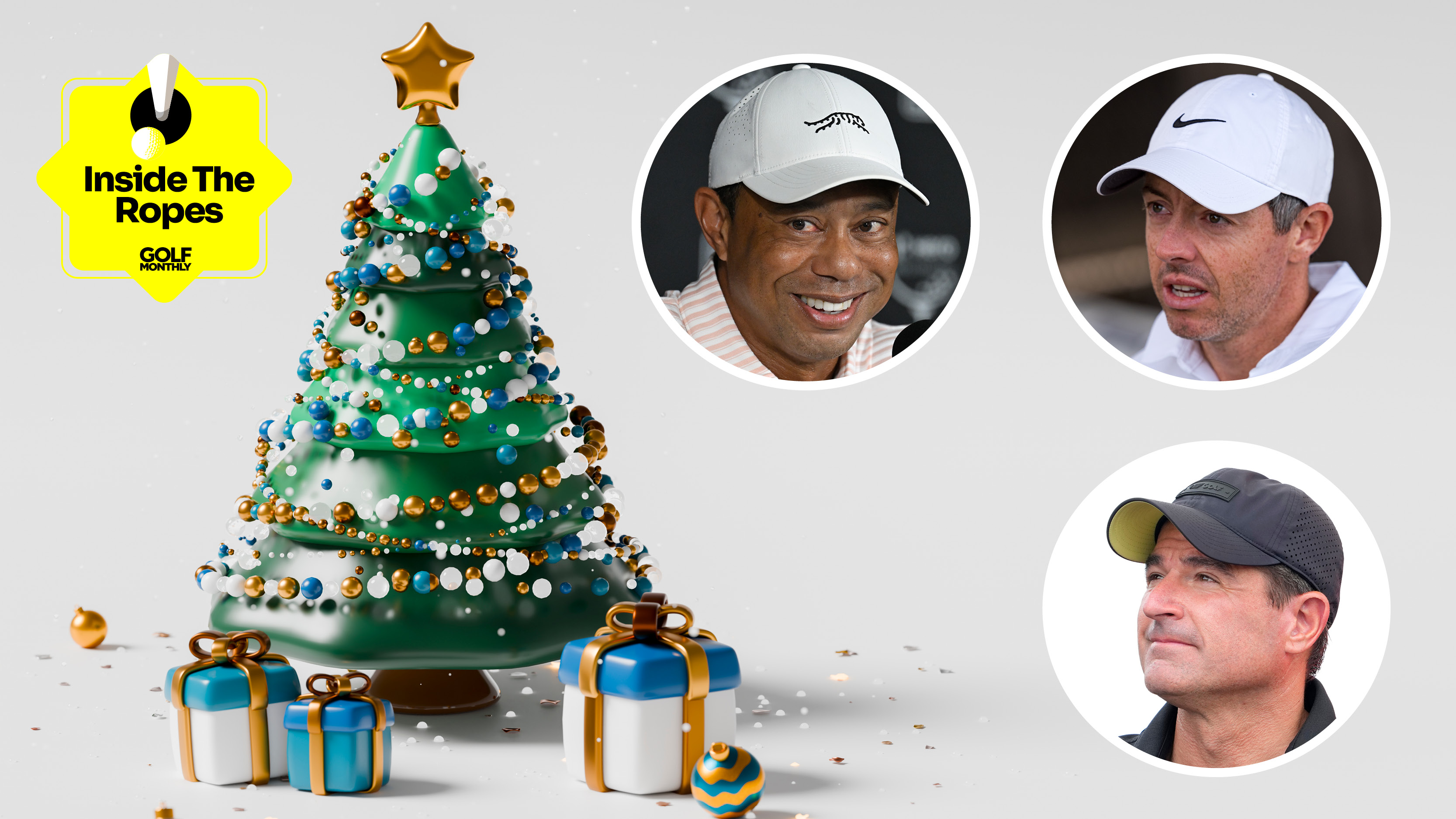 Main image of a Christmas tree with inset headshots of Tiger Woods (upper middle), Rory McIlroy (top right) and Scott O'Neil (bottom right)