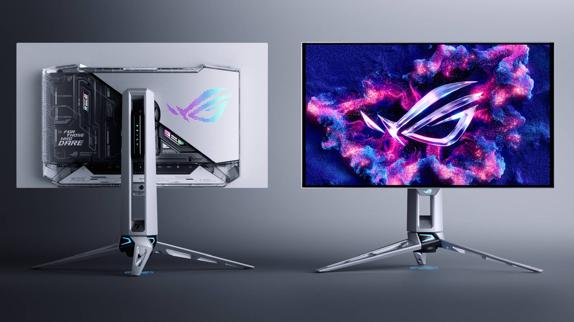ROG Swift OLED PG27AQWP-W gaming monitors facing back and front in grey room.