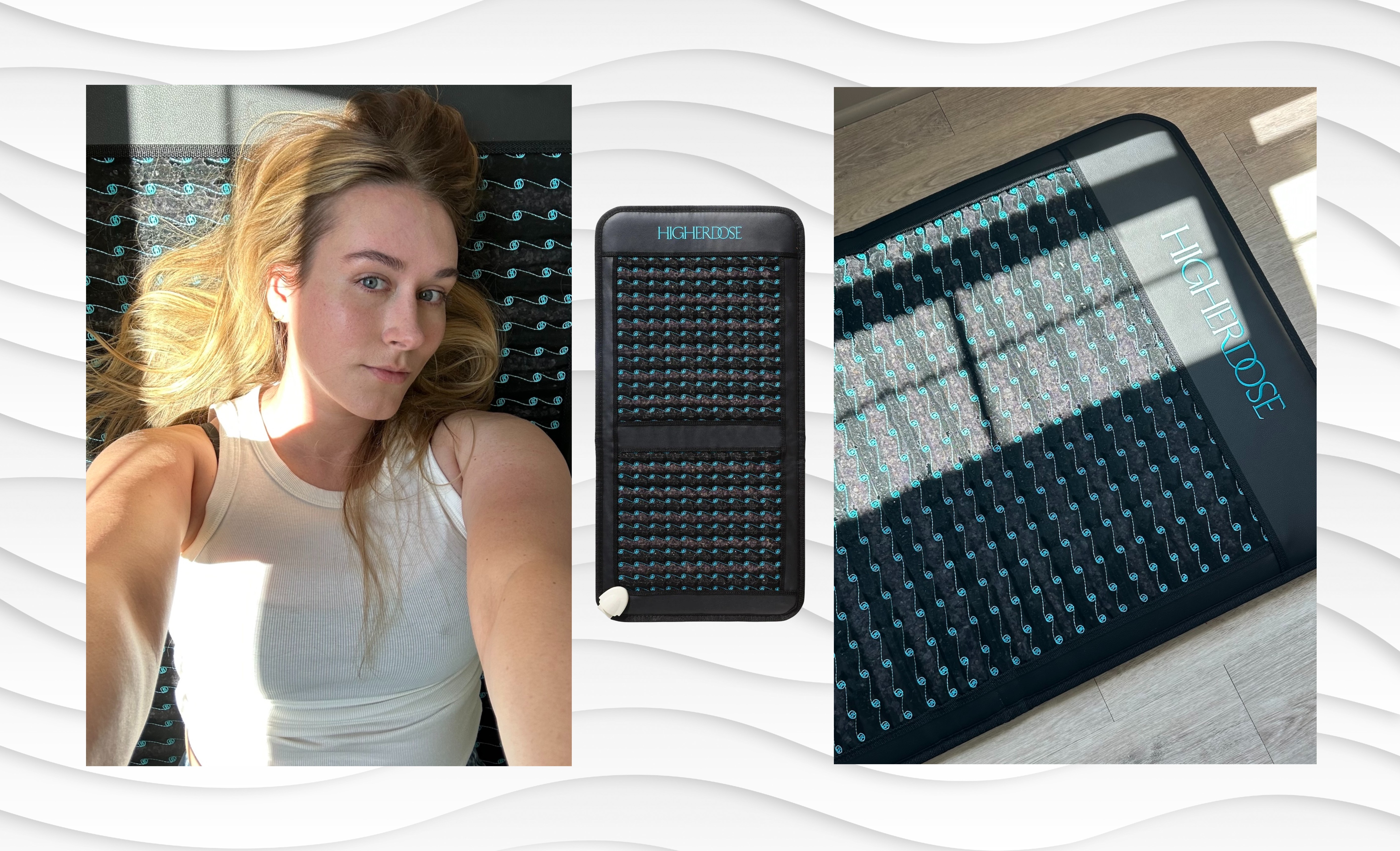 Beauty editor Kaitlyn McLintock lying on a Higher Dose PEMF mat