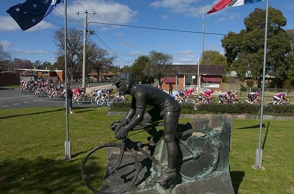 A statue of Australian cycling legend Sir Hubert Opperman keeps watch on the tour in Rochester.