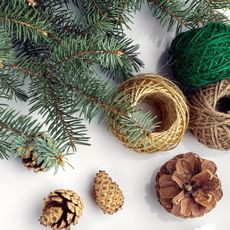 mini Christmas tree DIY topiary elements with cuttings, twine and cones