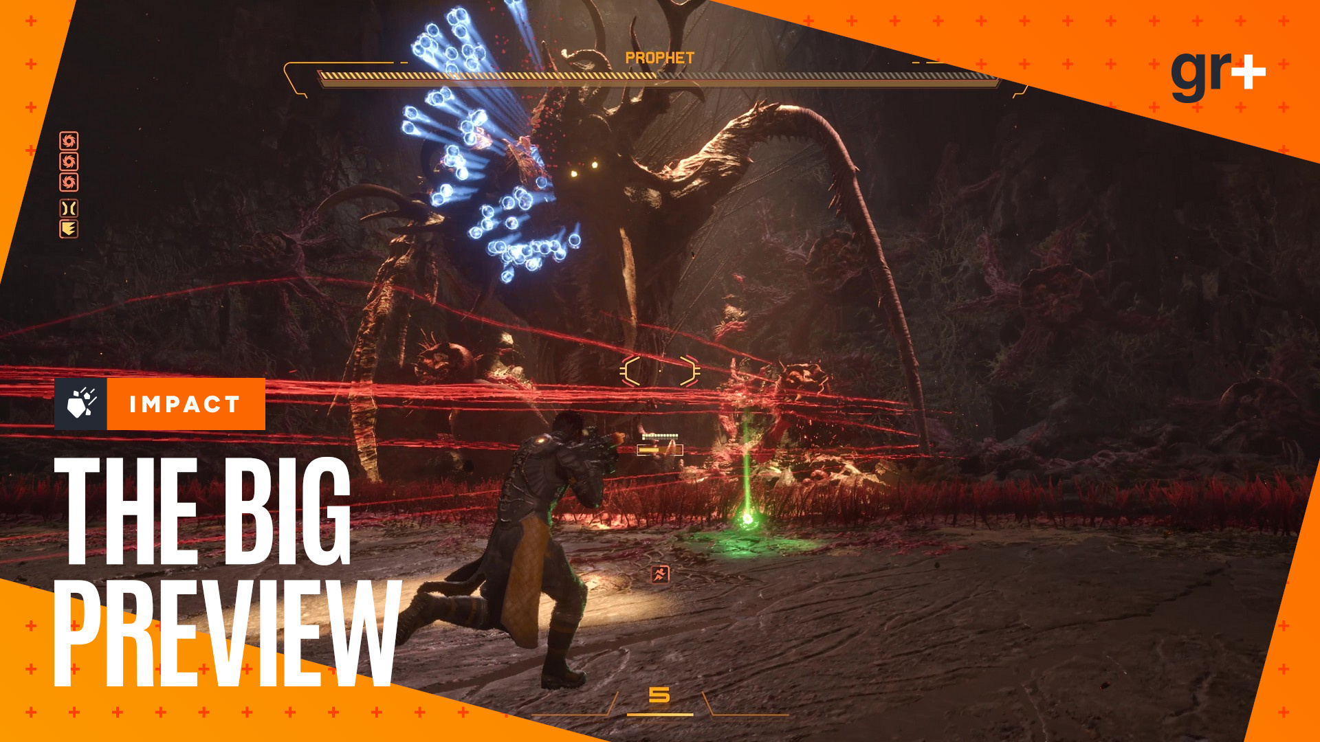 Arjun runs at Prophet shooting a smart rifle while avoiding blue bullets in a Saros boss fight, with the orange GamesRadar+ Big Preview frame