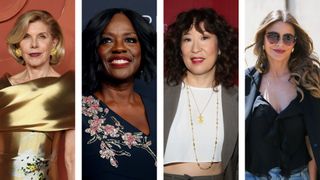 Christine Baranski is pictured wearing dark plum lipstick and a gold dress at the HBO & Max Post-Emmy Reception at San Vicente Bungalows on September 15, 2024 in West Hollywood, California, alongside a picture of Viola Davis, who is seen wearing a dark red lipstick at the 2024 Kering for Women Dinner at The Pool on September 09, 2024 in New York City. Sandra Oh is then featured, wearing a glossy red lip at the SAG-AFTRA Foundation Conversations "The Sympathizer" at Paley Center For Media on June 10, 2024 in New York City. And finally, Sofia Vergara is seen wearing a mauve lipstick at "America's Got Talent" on April 06, 2024 in Pasadena, California.