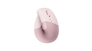 Logitech Lift Vertical Ergonomic Mouse review: pink computer mouse on white background