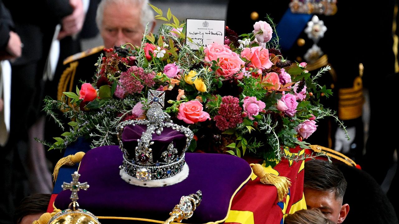 King Charles III walks alongside the coffin carrying Queen Elizabeth II with the Imperial State Crown resting on top as it departs Westminster Abbey during the State Funeral of Queen Elizabeth II on September 19, 2022 in London, England. Elizabeth Alexandra Mary Windsor was born in Bruton Street, Mayfair, London on 21 April 1926. 