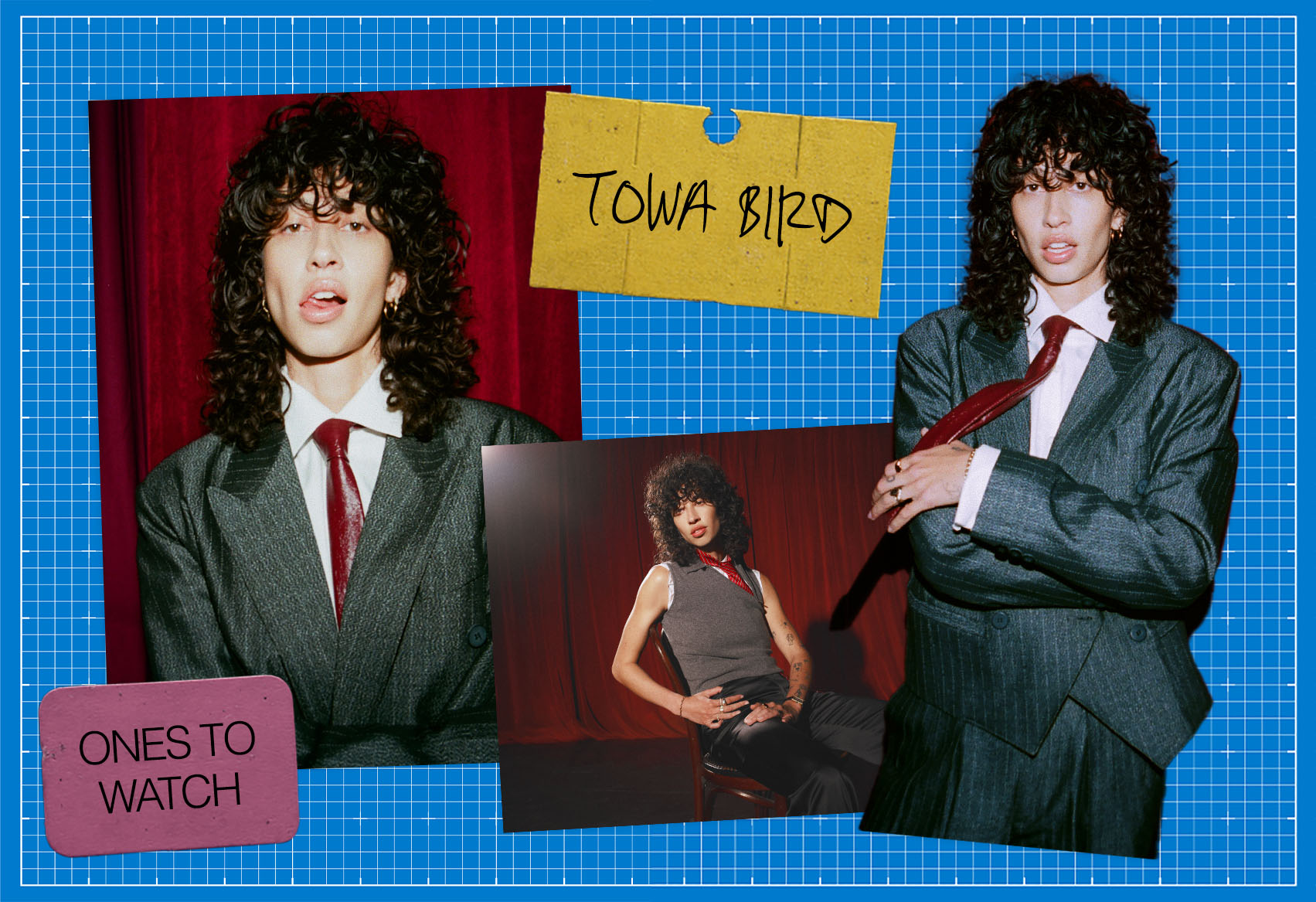 A slide featuring a collage of images of musician Towa Bird on a blue background for our Ones to Watch in Music portfolio.