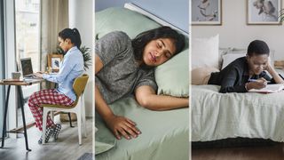 On the left, a woman wearing pajamas sits in her bedroom and works on her laptop. In the middle, a member of the Tom's Guide sleep team enjots a good night's rest on a comfortable mattress. On the right, a woman lies in her bed and writes notes in a notebook.