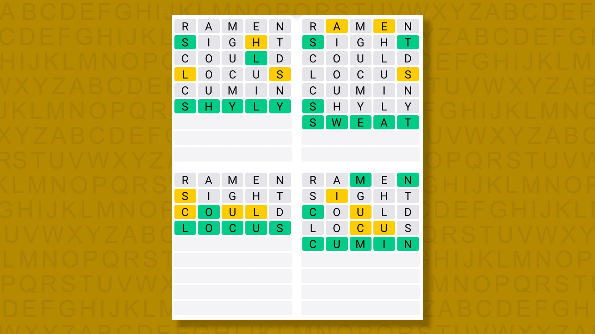 Quordle answers for game 1389 on a yellow background