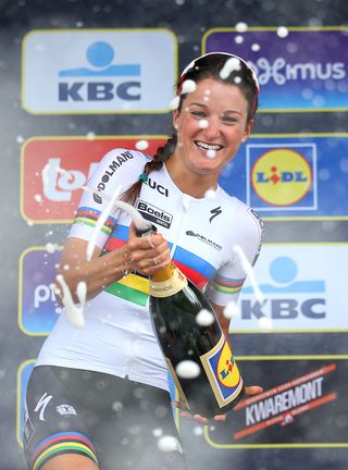 Lizzie Armitstead celebrates on the Tour of Flanders podium