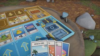 The player clutches a hand of cards in front of conjoined blue and yellow boards resting on a mushroom-dotted tree stump.