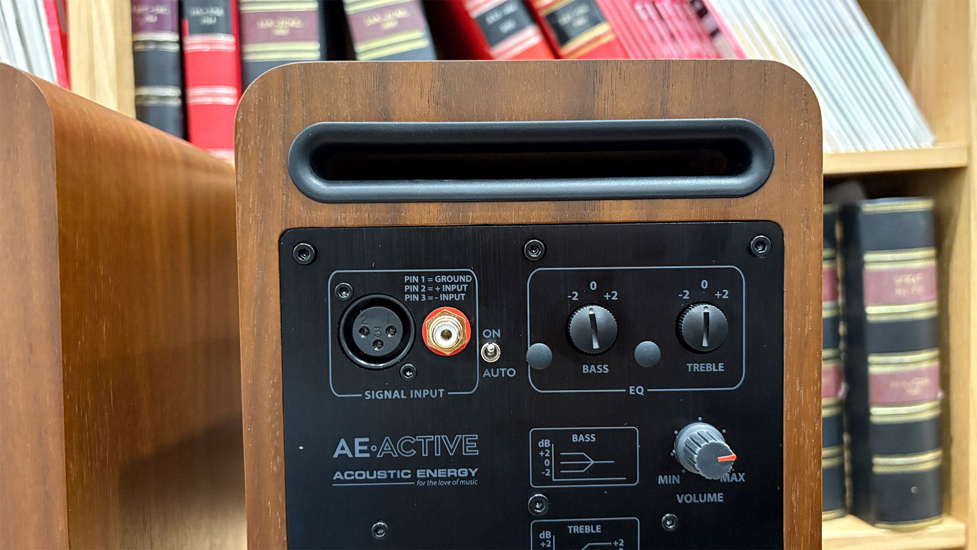 Acoustic Energy AE Active active speakers, showing rear of speakers with volume control