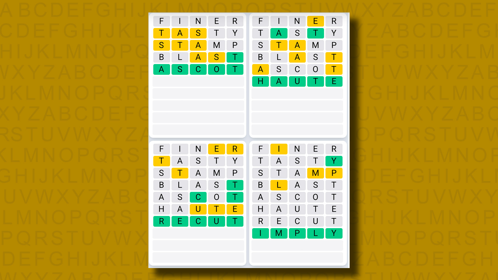 Quordle Daily Sequence answers for game 1197 on a yellow background