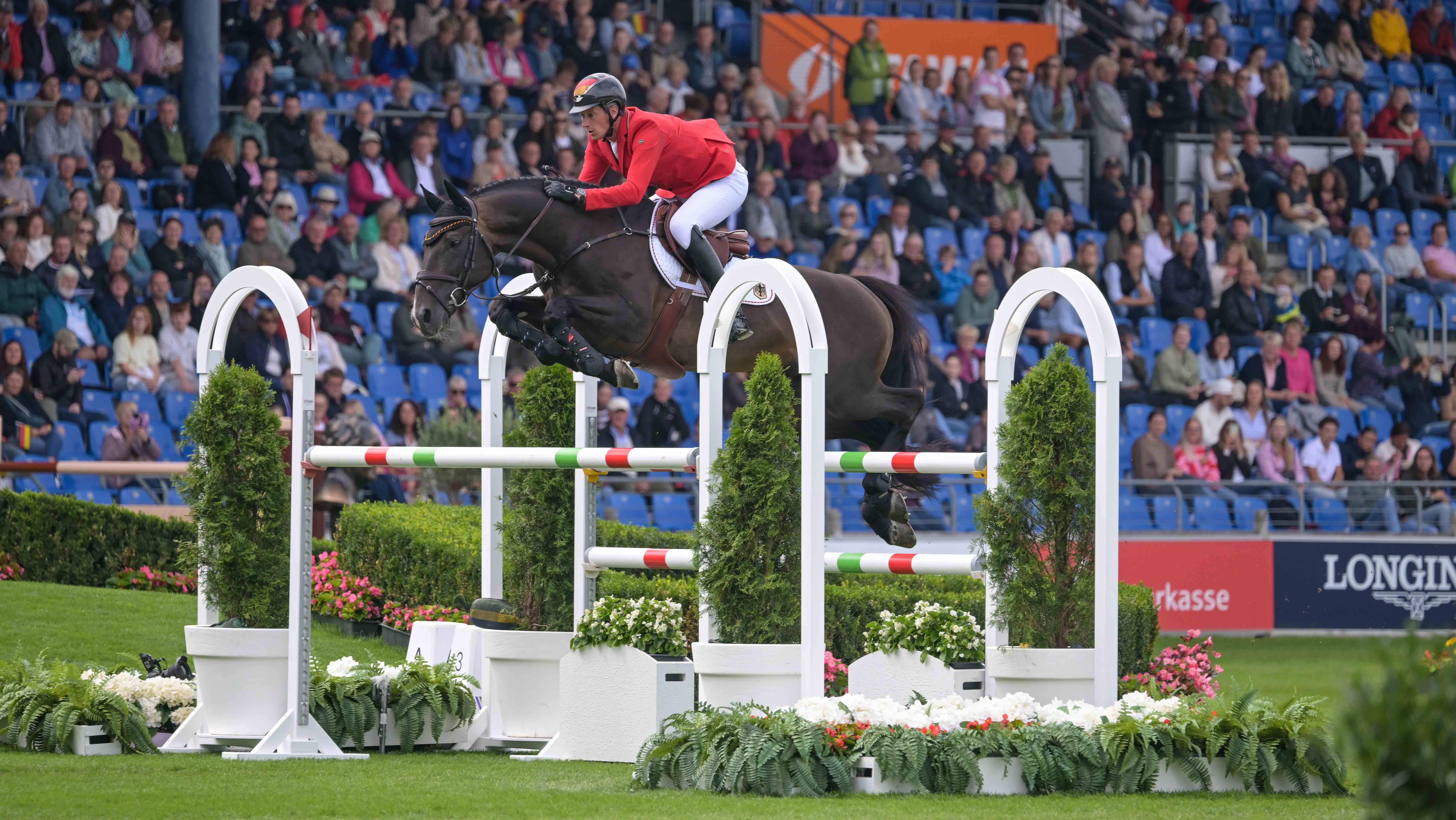 Daniel Deusser jumps an oxer on Otello de Guldenboom