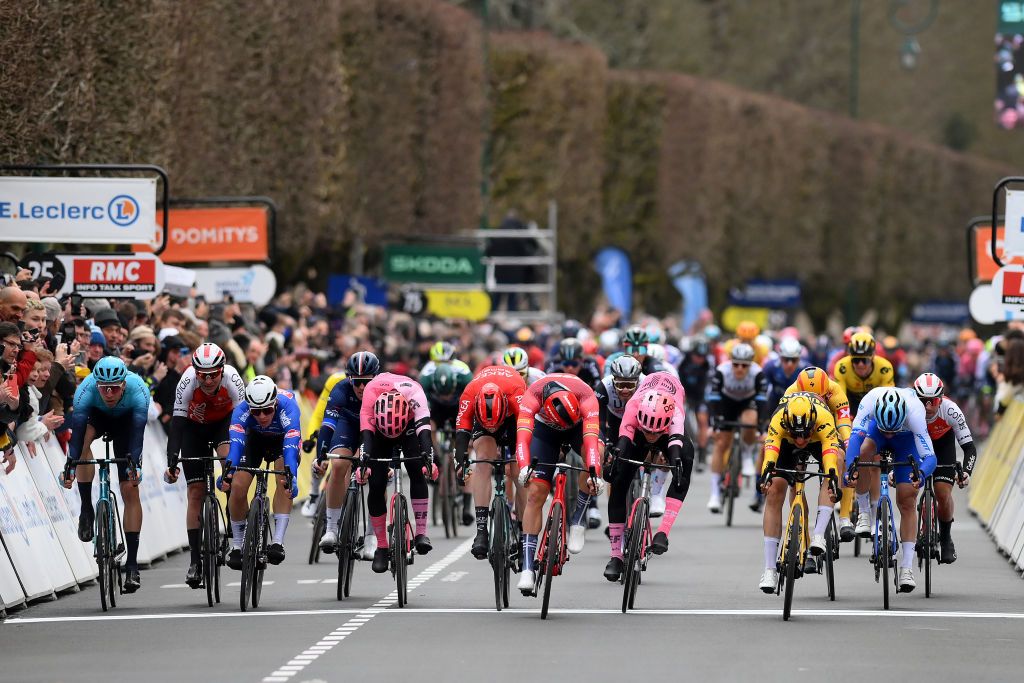 FONTAINEBLEAU FRANCE MARCH 06 A general view of Mads Pedersen of Denmark and Team TrekSegafredo Olav Kooij of The Netherlands and Team JumboVisma Magnus Cort Nielsen of Denmark and Team EF Education Easypost Matis Louvel of France and Team Arka Samsic Arnaud Demare of France and Team Groupama FDJ Cees Bol of The Netherlands and Astana Qazaqstan Team Alexis Renard of France and Team Cofidis sprint at finish line during the 81st Paris Nice 2023 Stage 2 a 1637km stage from Bazainville to Fontainebleau ParisNice on March 06 2023 in Fontainebleau France Photo by Alex BroadwayGetty Images