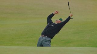 Costantino Rocca celebrates after holing his putt from the Valley of Sin in the 1995 Open at The Old Course, St Andrews