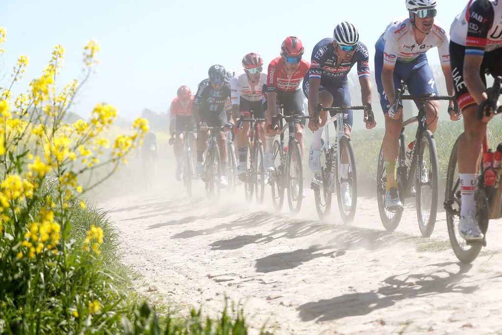 ROUBAIX FRANCE APRIL 17 Mathieu Van Der Poel of Netherlands and Team AlpecinFenix C competes passing through a cobblestones sector during the 119th ParisRoubaix 2022 Mens Elite a 2572km one day race from Compigne to Roubaix ParisRoubaix WorldTour on April 17 2022 in Roubaix France Photo by Bas CzerwinskiGetty Images