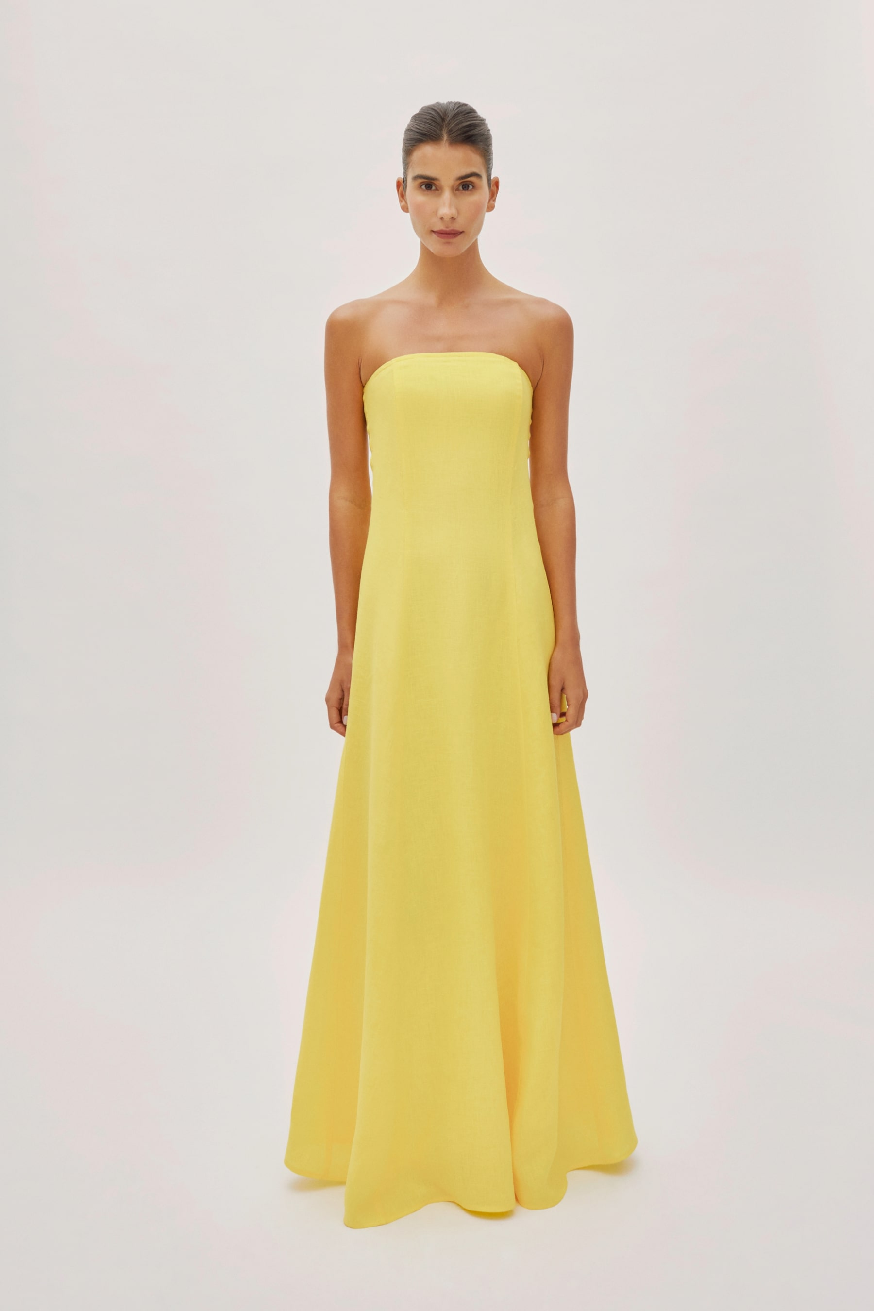 Santorini Lemon Yellow Linen Strapless Maxi Dress