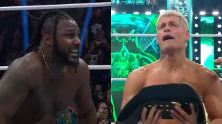 Swerve Strickland after winning the AEW World Championship at AEW Dynasty; Cody Rhodes after winning the Undisputed WWE Championship at WrestleMania 40