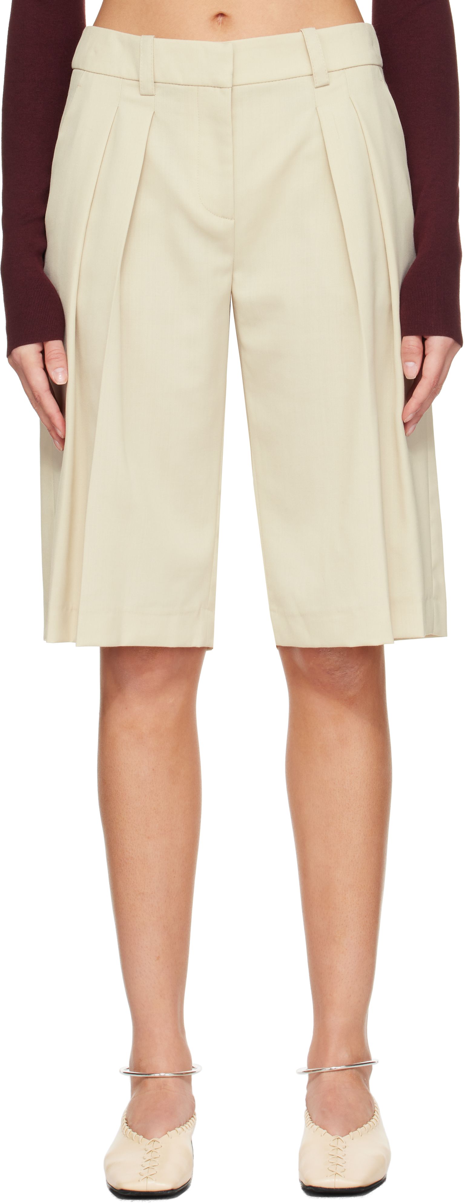 Beige Bilbao Pleated Bermuda Shorts