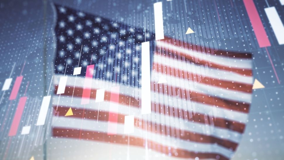 Double exposure of abstract creative financial diagram and world map on US flag and blue sky background, banking and accounting concept