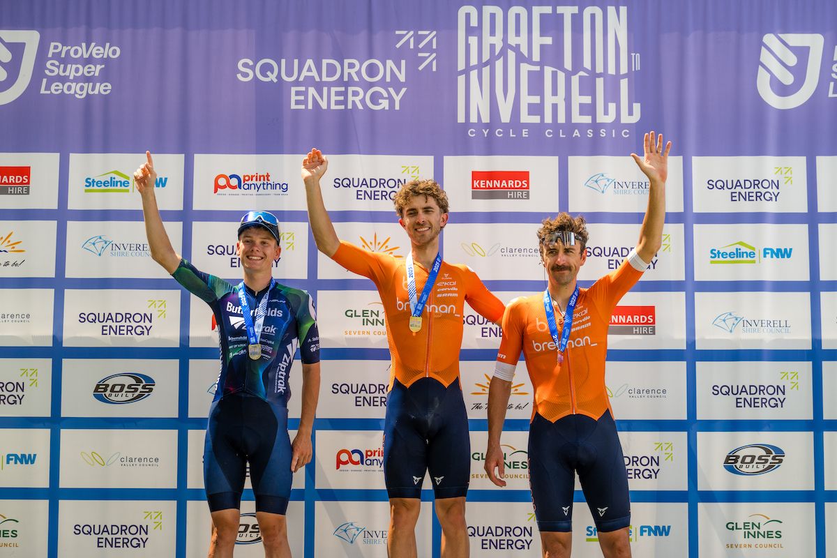 The men&#039;s Squadron Energy Grafton to Inverell podium: 1st Tristan Saunders (Team Brennan p/b TP32) , 2nd Zachary Marriage (Butterfields Ziptrak) and 3rd Brendon Davids (Team Brennan p/b TP32)