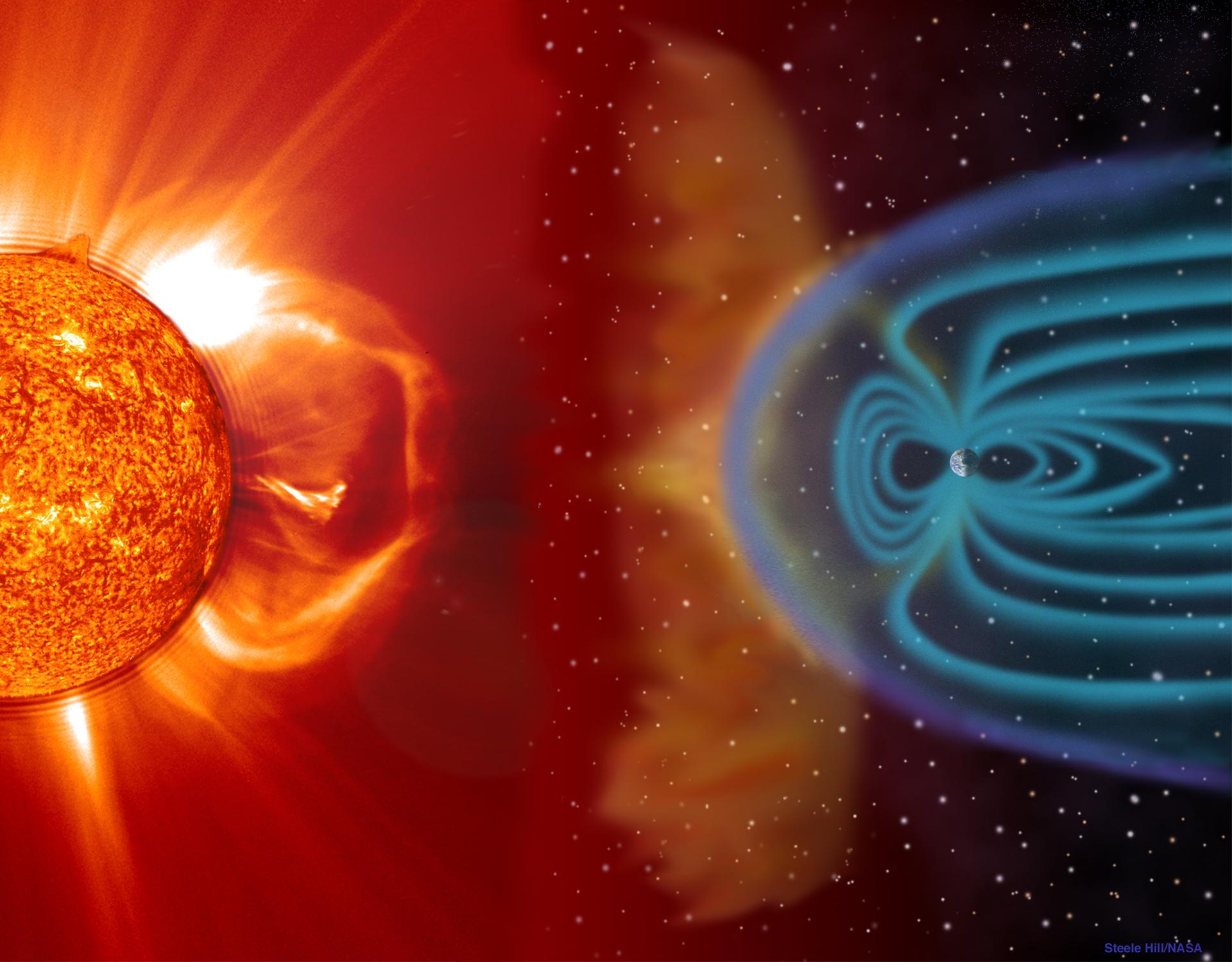 Illustration of the sun and the earth, with the earth's magnetosphere protecting it.