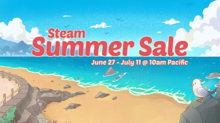 A banner promoting the Steam Summer Sale with the sea and beach behind it