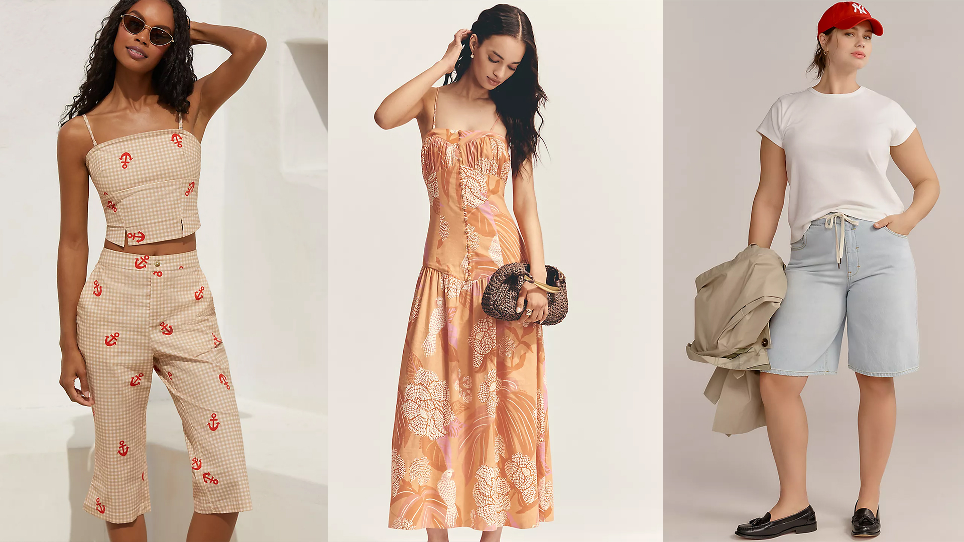 models wear clothing sold at anthropologie. first model is wearing a capri set with nautical themed graphics, the second is wearing a orange farm rio dress, and the third is wearing long denim shorts and a white tee