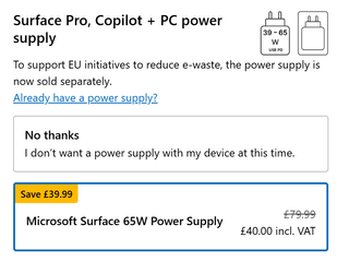 Surface Pro power supply option at check out.