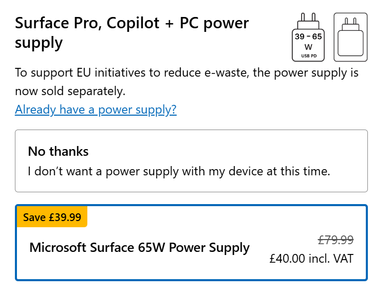 Surface Pro power supply option at check out.