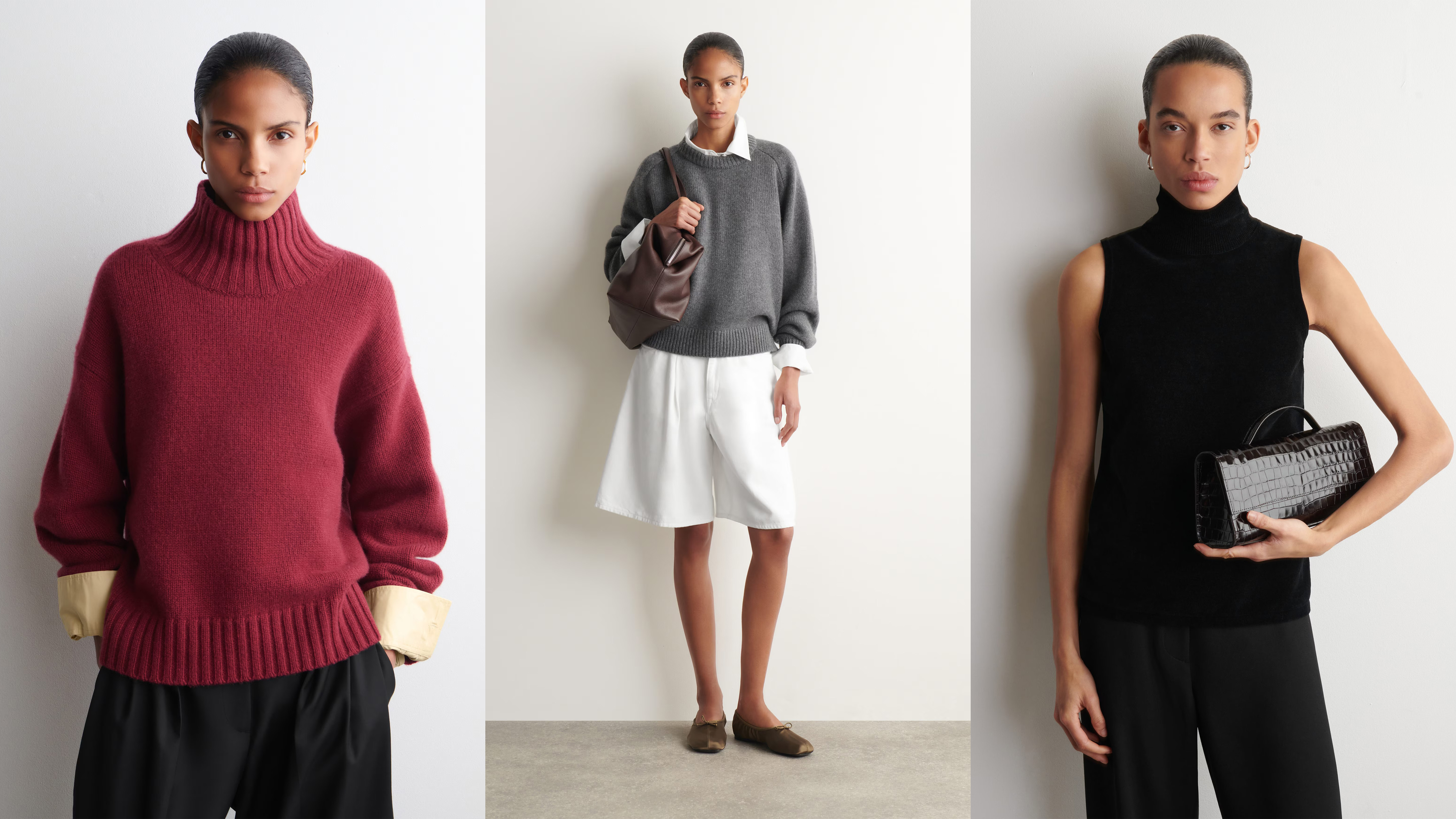 Collage of COS models wearing sweaters for fall 2026.