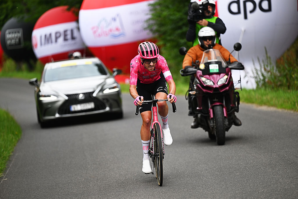 Max Walker of Great Britain and Team EF Education - EasyPost competes in the breakaway during the 82nd Tour de Pologne 2025, Stage 2 a 149.4km stage from Hotel Golebiewski Karpacz to Karpacz / #UCIWT / on August 05, 2025 in Karpacz, Poland. (Photo by Luc Claessen/Getty Images)