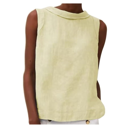 Besolor Cotton Linen Tank Tops for Women Casual Round Neck Sleeveless T-Shirts Solid Color Loose Summer Blouse Tees Yellow