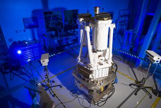 NASA's Imaging X-ray Polarimetry Explorer (IXPE) is pictured at Ball Aerospace in Boulder, Colorado, on Dec. 9, 2020.