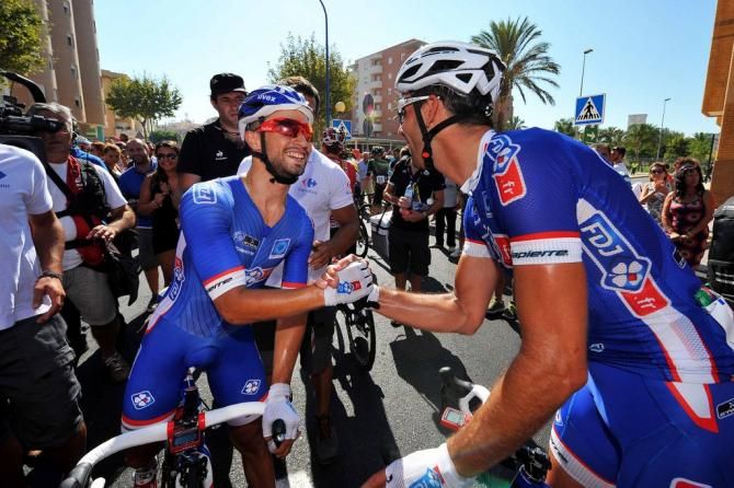 Nacer Bouhanni (FDJ.fr) celebrates with a teammate